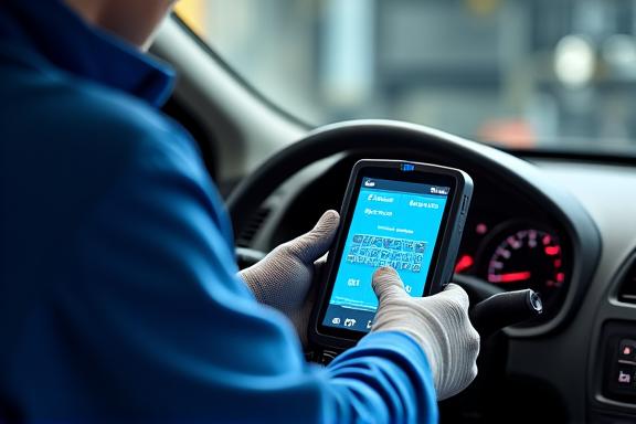 Mechaniker verwendet ein modernes Fahrzeugdiagnosegerät.